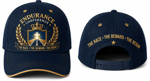 Front and back views of the navy and gold ENDURANCE Conference cap