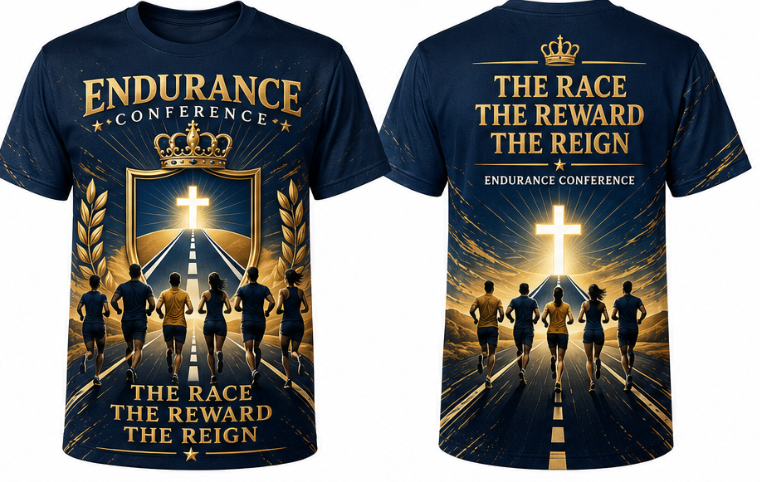 Front and back views of the navy and gold ENDURANCE Conference T-shirt